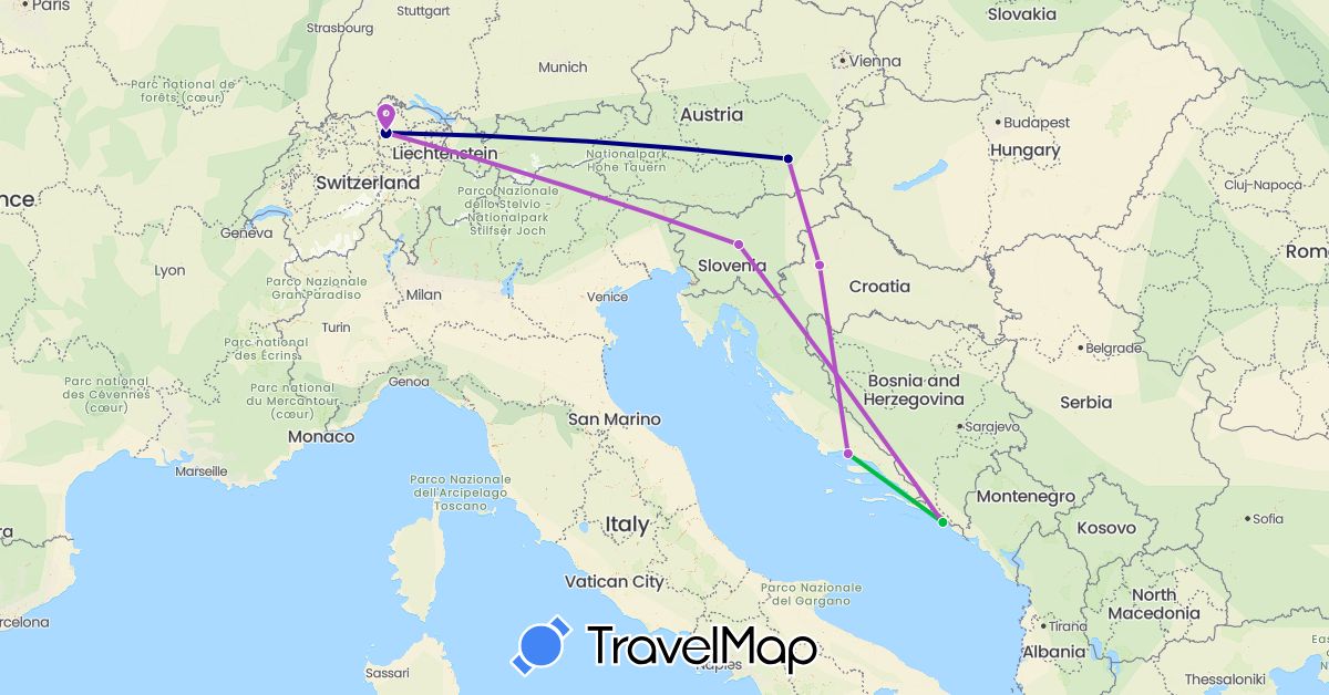 TravelMap itinerary: driving, bus, train in Austria, Switzerland, Croatia, Slovenia (Europe)